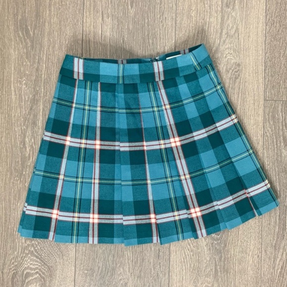 Aritzia Sunday Best Olive Mini Skirt Teal Plaid Pleated High Rise Waist Size 00 - Picture 2 of 6